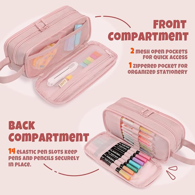 SUNEE Large Capacity Pencil Case with 3 Compartment, Extra Big Pencil Pouch, Pencil Bag with Zipper, Cute High Stationery Organizer, Oxford Pen Box School Supplies for Student Teen Girls Boys, Pink