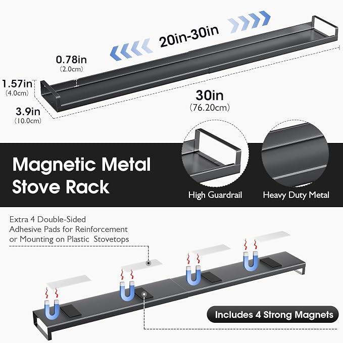 Bumusty 4X Strong Magnetic, 30" Adjustable Low Profile Oven Shelf Spice Rack Over the Stove, Seasoning Organizer Kitchen Shelves, Matte Black size Low Profile