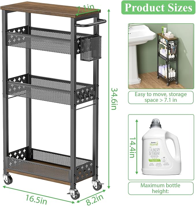 4 Tier Slim Rolling Storage Cart, Laundry Room Cart on Wheels, Small Metal Bathroom Cart Kitchen Organizer Trolley with Handle and Mesh Basket, 7.1 inch Width for Narrow Space, Black
