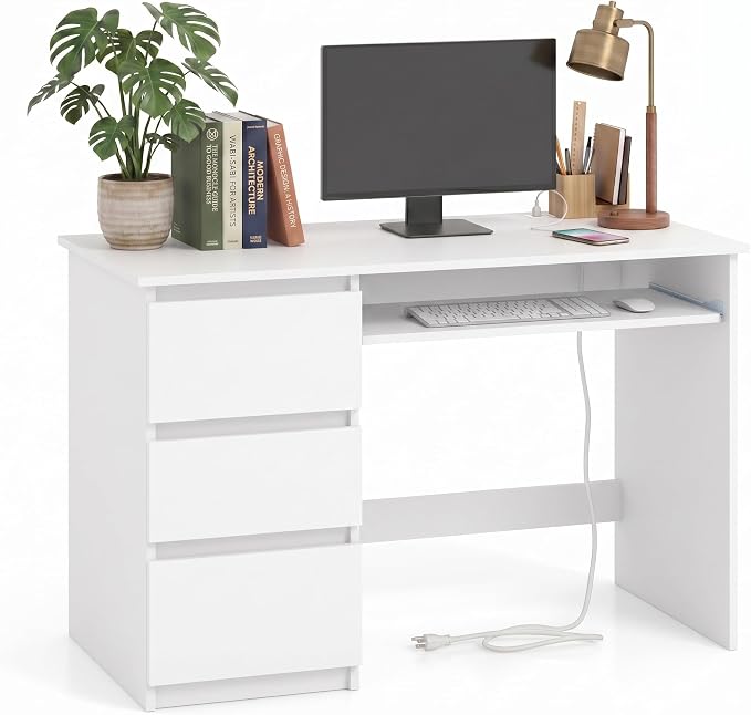DREAMADE 42" Computer Desk with 3 Drawers and Keyboard Tray, White | Wood Study Desk with Storage, Built-in Charging Station & Slide Out Tray, Writing Table for Home Office Studyroom & Bedroom