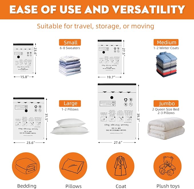 Vacuum Storage Bags For Clothes with Pump(6S+6M+2L+2J)16 Pack | Vacuum Travel Bags with Pump for Luggage,Space Saver Bags For Travel and Home Organization