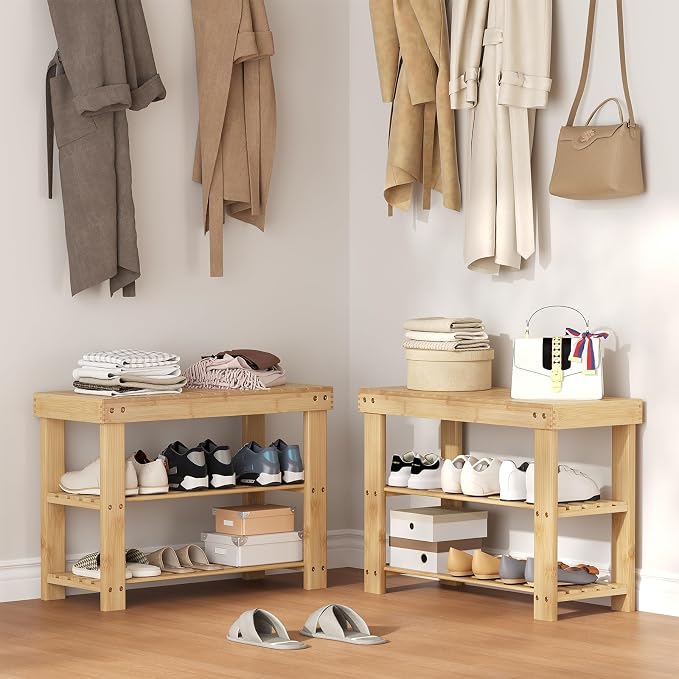 NEWBULIG Shoe Rack Bench, 3-Tier Bamboo Shoe Organizer, Wooden Entryway Storage Bench, 286 lb Load Capacity, 11.2x27.6x17.9 Inches, for Entryway Bathroom Bedroom Balcony, Brown