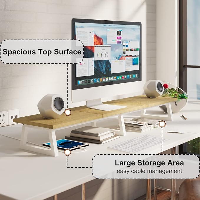 TEAMIX 42 inch Large Dual Monitor Riser, Desk Organizer Stand for TV Laptop | Extra Long Stand for 2 Monitors, Wood & Metal TV Riser, Holds 300lbs, Keyboard & PS5 Storage, For Home Office & Gaming