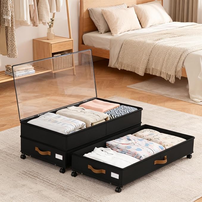 Under Bed Storage with Wheels 2-Pack, 75L XXL Under the Bed Storage Containers Large, 12" Tall Adjustable Storage for Underbed with Lids, Rolling for Clothes, Shoes, Blankets (4PCS-Black)