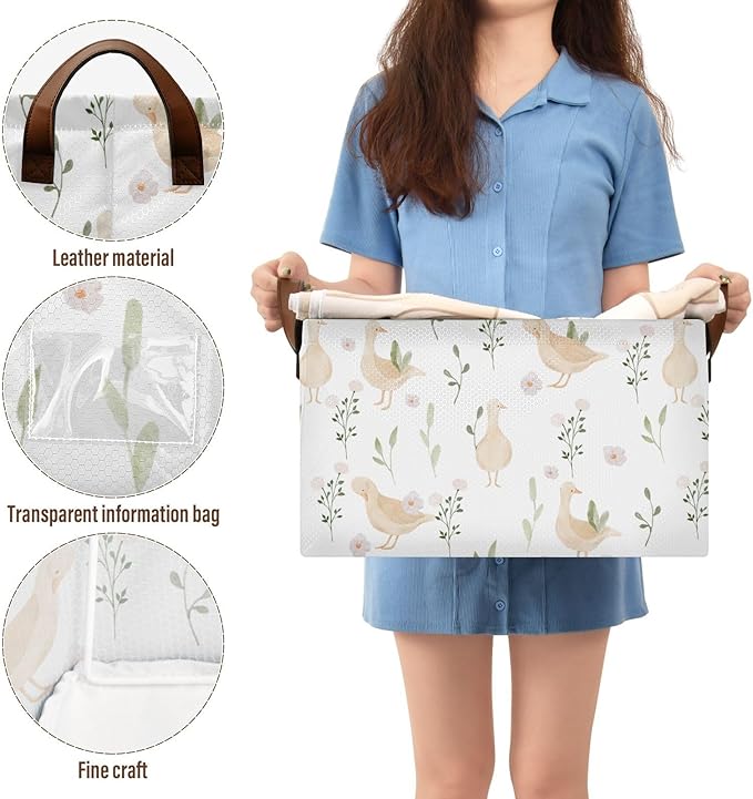 Cute Goose with Floral and Leaves Storage Basket Foldable Cube Storage Bins with Handles&Label Collapsible Organizer Box Bin Large Rectangle Decorative Baskets for Shelves Home Living Room Closet-2 PC
