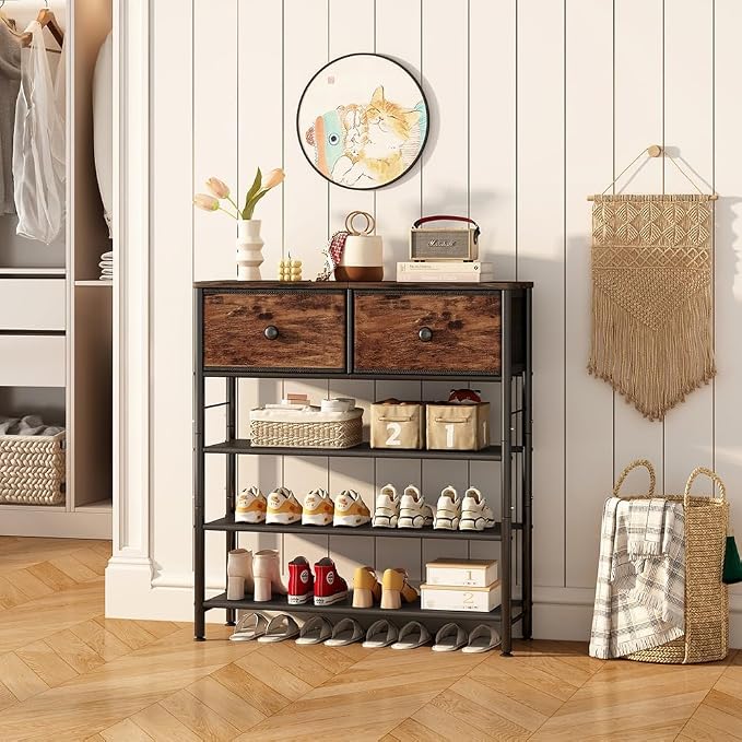 INGIORDAR 5 Tier Shoe Rack Storage Organizer with 2 Drawers MDF Board | Metal space-saving Shoe Shelf stores 16 Pairs of Shoes for Closet Entryway Bedroom Living Room Garage Black+Rustic Brown
