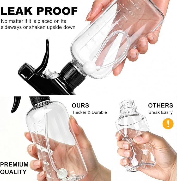 Spray Bottles 16oz 2 pack — 360° Any-Angle Spraying, Mist & Stream Plastic Empty Water Sprayer, with Measurements & Weighted Straw, Leak-Resistant for Cleaning Solutions, Planting, Hair + Funnel