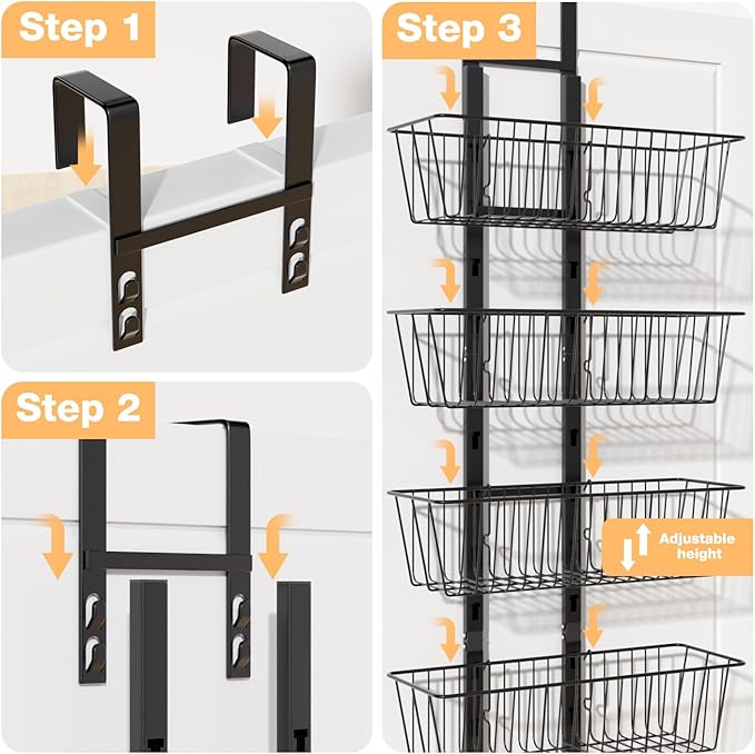 6 Tier Over the Door Pantry Organizer, Over the Door Spice Rack with Adjustable Baskets, Metal Hanging Door Pantry Organizers and Storage for Kitchen Bathroom Bedroom, Black