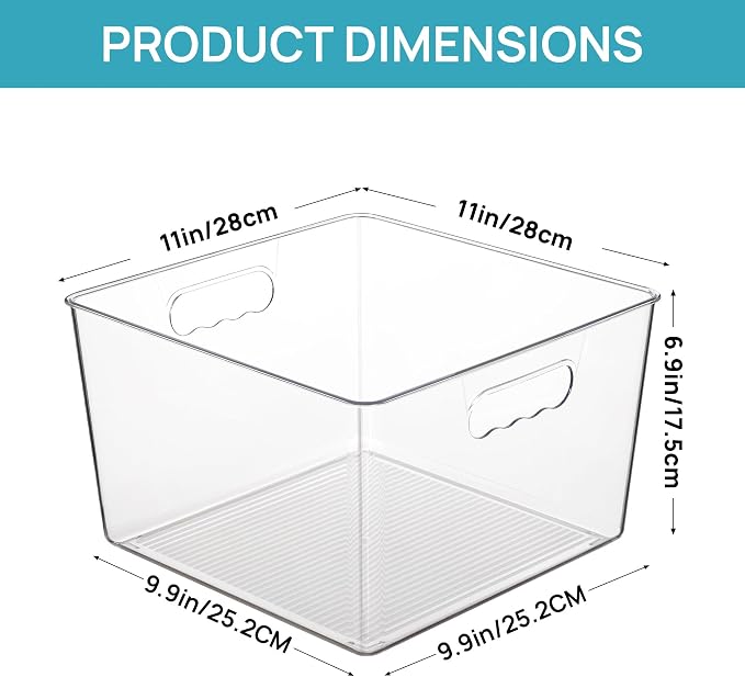 Vtopmart 4 Pack Extra Large Clear Plastic Storage Bins,11x11 Cube Acrylic Organizer Square Containers with Handle for Pantry,Closet,LaundryRoom,Kitchen,Bathroom,UnderSink Organization