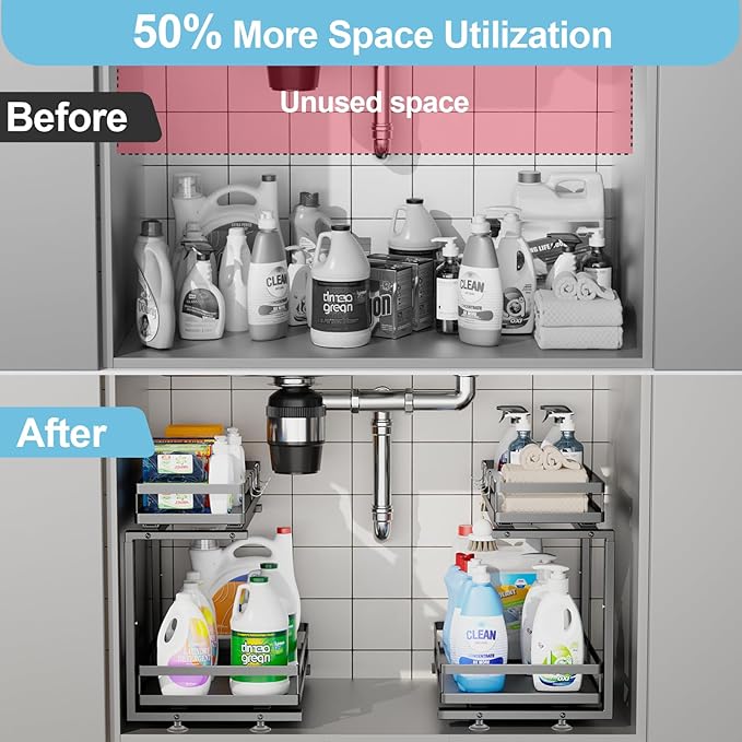 2 Pack Under Sink Organizers and Storage, Heavy Duty Metal Pull Out Cabinet Organizer with Ball-Bearing Slides, Height Adjustable L-Shaped Shelf for Kitchen & Bathroom (1-Pack)