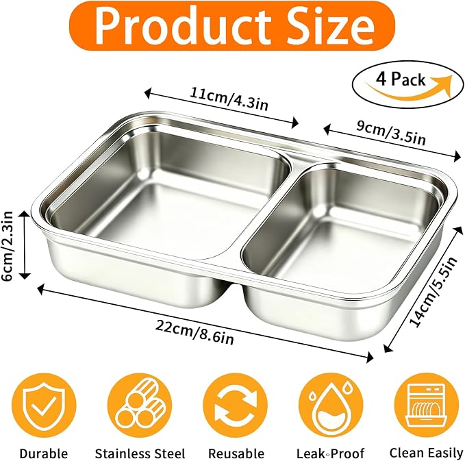 4 Pack Stainless Steel Bento Box with Lids 2 Compartment Containers | Metal Reusable Snack Lunch box Leak Proof Food Storage Container BPA Free Meal Prep Women Kids for Picnic, Office, Outside