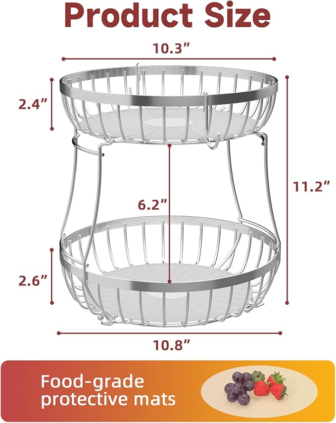 Sevenblue 2 Tier Fruit Basket for Kitchen Counter with 2 Banana Hangers, Metal Stackable Fruit Bowl for Kitchen Counter for Bread Vegetable Fruits, Silvery