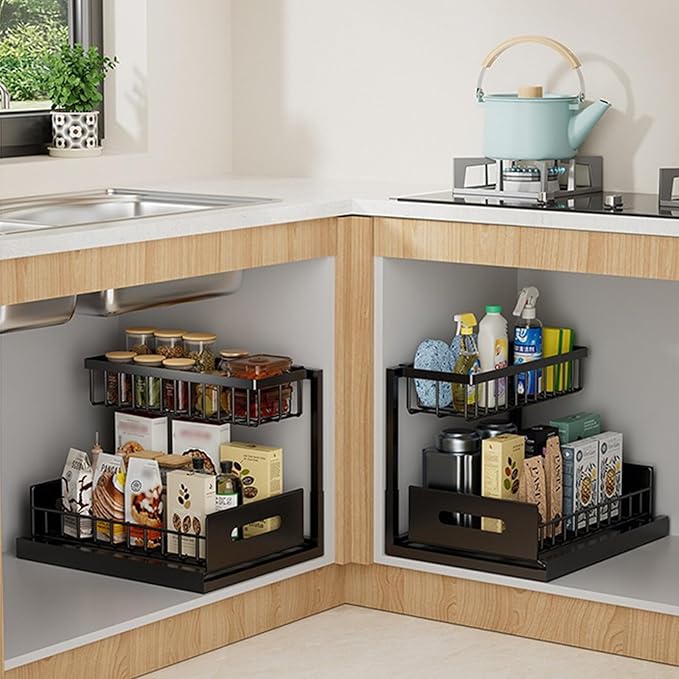Under Sink Organizer, Pull Out Cabinet Storage 2 Tier Slide Out Sink Shelf, Kitchen Organizers and Storage, Black, 1 Pack