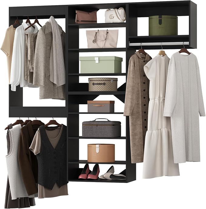 Modular Closet, 96' Wide Wardrobe Organizer With Towers and Hanging, Wood Tower Storage for Walk-In Closets, Wall-Mounted Organizer, Black