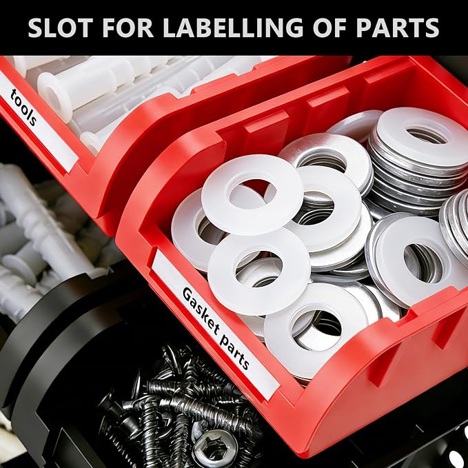 90Pcs Plastic Wall Mounted Storage Bins Parts Rack Nuts And Bolt Bins Organizer For Shop Garage for Screws, Nuts, Bolts, Nails, Beads, and Small Hardware Parts,Red,Blue,Black