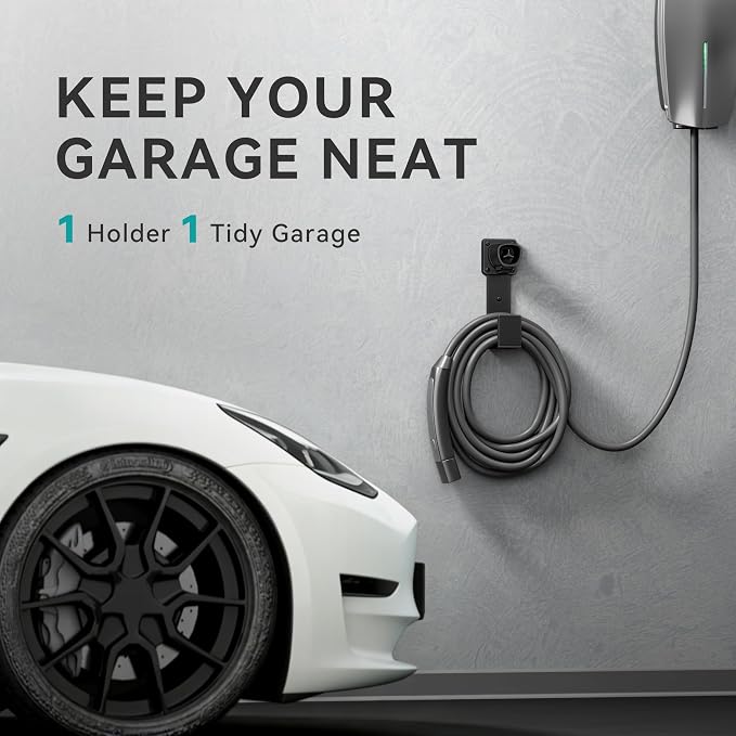 EV Charger Holder - Tesla Connector, Nozzle Holster Dock and J-Hook Combination, EV Cable Holder Wall-Mount Electric Vehicle Charger