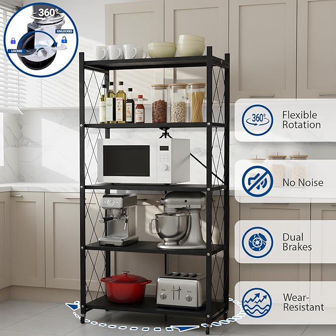 5 Tier Foldable Storage Shelf with Wheels, Heavy-Duty Metal Shelving Unit, No Assembly Book Shelf Rolling Storage Rack for Garage, Kitchen, Pantry, Closet, Exhibition, Office Decor, Black