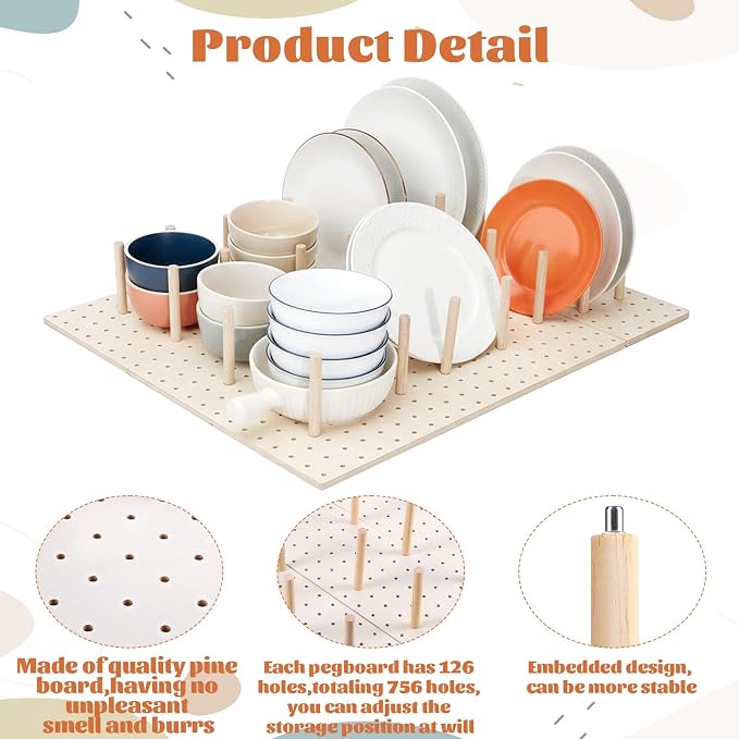 6 Pcs Wood Pegboard Drawer Organizer with 48 Pegs, 17.1 × 5.7 Inch Wooden Drawer Pegboard Organizer Adjustable Wood Peg Board Drawers Organizers for Kitchen, Plates, Cookware, Food Containers