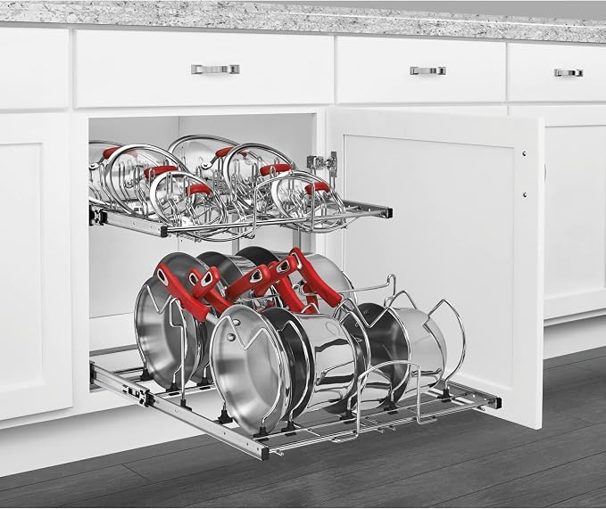 Rev-A-Shelf 2-Tier Kitchen Cabinet Pullout, Cabinet Organizer for Pots, Pans, and Lid Cookware, Adjustable Heavy Duty Wire, Chrome, Min Opening Width of 20.5", 5CW2-2122-C