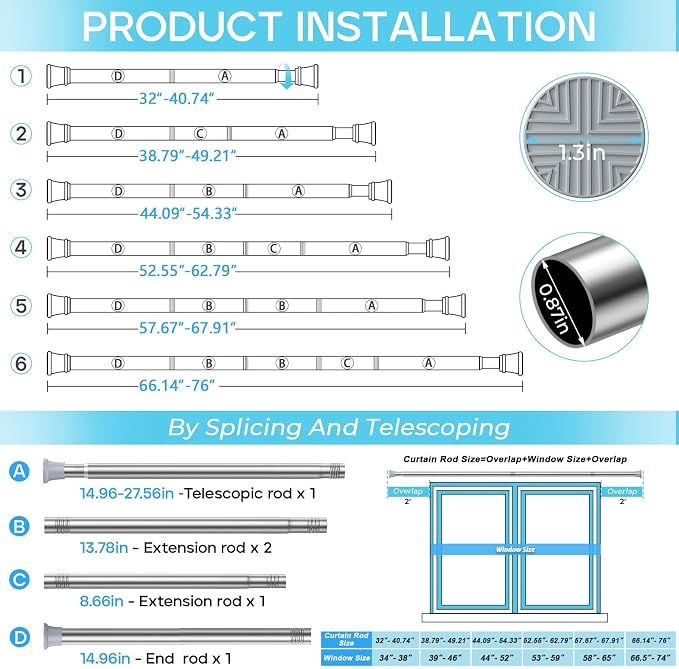 Spring Tension Curtain Rod 32-76 inch, Adjustable Expandable Tension Curtain Rod No Drilling, Tension rods for Window Doorway Kitchen Curtain, Silver