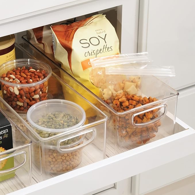 iDesign Plastic Stackable Pantry Bin with Handles, Set of 2, Clear | For Kitchen Cabinets or Fridge, Made in USA