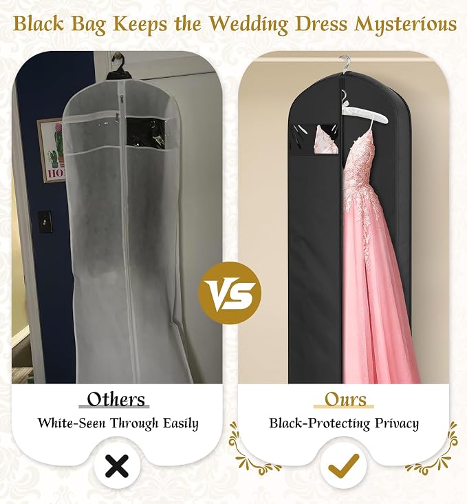 KEETDY Wedding Dress Garment Bag for Travel with 4" Gusseted Long Hanging Dress Bags for Gowns for Women Garment Cover Clothes Storage for Closet (Black, 65 inch)