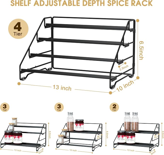 Jolitac 4-Tier Spice Rack Organizer, Depth Adjustable Step Shelf, Metal Spice Rack Perfect for Cabinet, Countertop & Pantry Storage | Enhances Kitchen Visibility and Organization | 2 Pack
