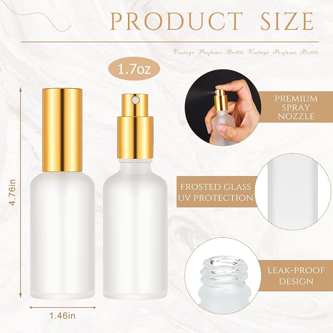 Roshtia 30 Pcs Glass Spray Bottle Clear Empty Bottles Small Refillable Reusable Perfume Bottle with Fine Mist Sprayer Pump for Face Body Travel(1.69 oz,Gold)
