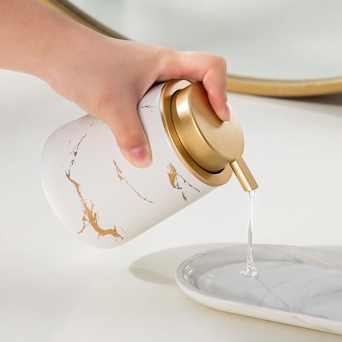 Enra Ceramic Gold Soap Dispenser,12 oz Marble Hand Liquid Soap Dispenser for Bathroom Kitchen Dispenser for Dish Soap with Easy-to-Press(Gold Liquid Type2)