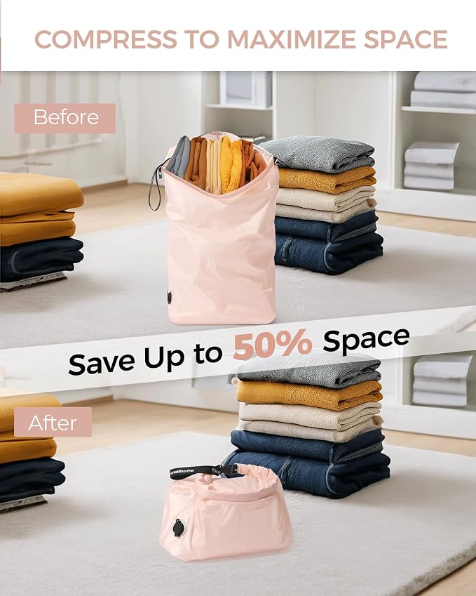 Compression Travel Laundry Bag for Dirty Clothes, Pump-Free Laundry Bag for Suitcase & Dorm, Waterproof Wet Dry Clothes Organizer, Large Capacity Space Saving Travel Bag (1 Pcs)(Pink, L)