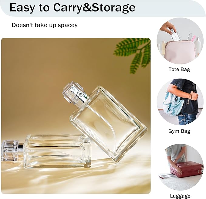 YU FENG 2 Pack Perfume Spray Bottles, 100ml/3.4oz Refillable Glass Atomizer | Empty Square Clear Glass Bottles, Fine Mist Spray, Cologne Container, Essential Oil & Travel Perfume Bottle