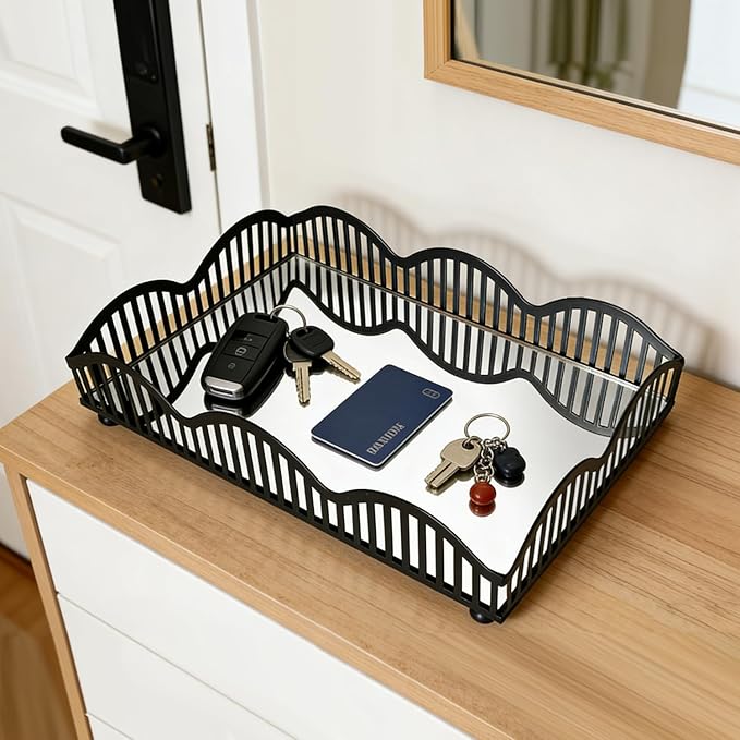 Black Metal Decorative Tray with Mirror Base - Square Multi-Purpose Tray for Bathroom, Living Room, Hallway and Kitchen (8.4”X5.8”X2”)