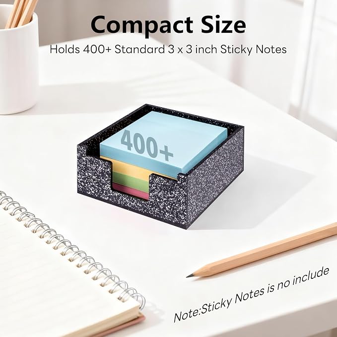 Acrylic Sticky Note Holder 4x4in Tray for Desk, Black Glitter | Sparkling glitter acrylic tray, fits 3x3 sticky notes, compact organizer for office school and home