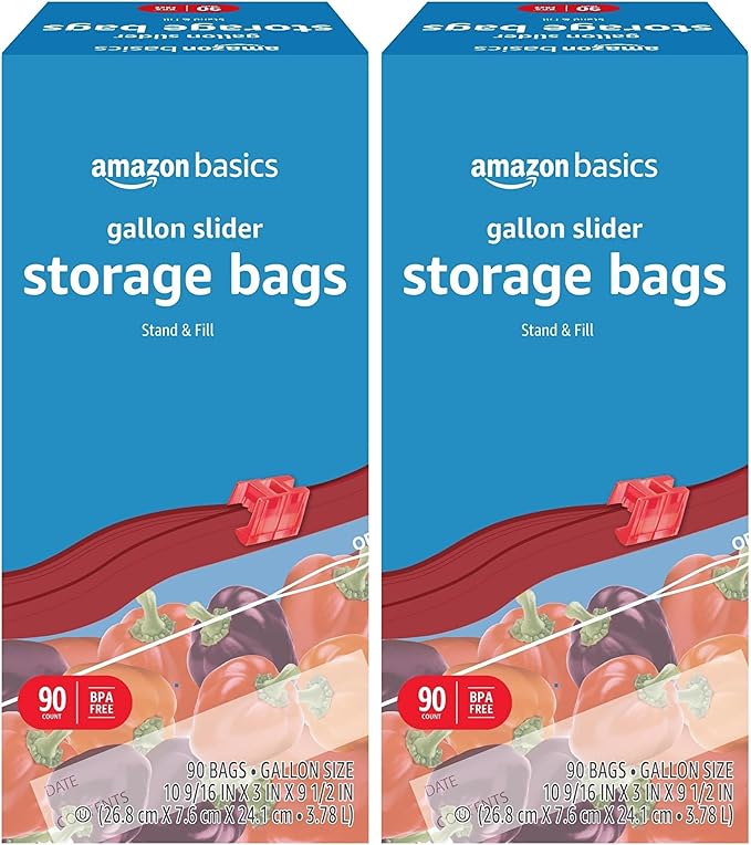 Amazon Basics Slider Gallon Food Storage Bags, BPA Free, 90 Count (Pack of 2)