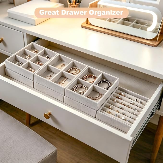 Small 8-Piece Velvet Jewelry Drawer Organizer Inserts Stackable Trays