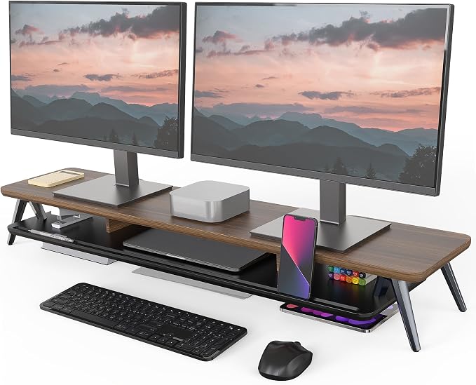 Fenge Dual Monitor Stand, Monitor Stands Riser for 2 monitors, 42.5 Inch Wood Desk Shelf with Storage Organizer and Cable Management for Office Desk Accessories