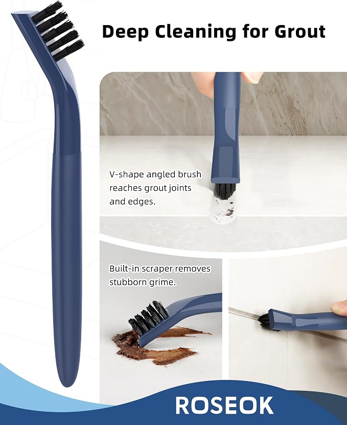ROSEOK Grout Cleaner Brush Set, Detail Cleaning Brush Set, Nylon Bristles | Crevice Scrub Brushes, Deep Clean Brush Set for Edge, Tile, Sink, Corners, Drains, Blue