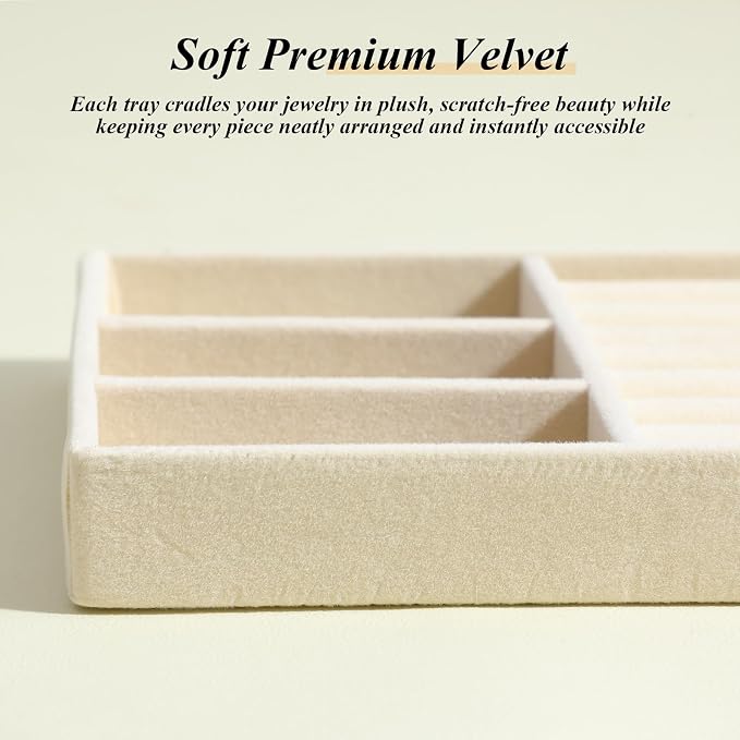 8 Pack Velvet Jewelry Trays Stackable Jewelry Organizer Tray Inserts for Drawer Beige Jewelrys Storage and Display Case for Necklaces Rings Earrings Bracelets