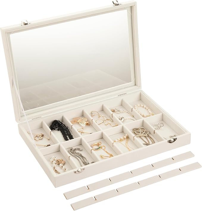 Frebeauty 24 Grid Earring Organizer,Velvet Jewelry Tray with Clear Lid | Drawer Jewelry Organizer for Rings Studs Brooch,Adjustable Divider,Dustproof Design,Earring Storage,Trinket Box,13.8×9.5Inch