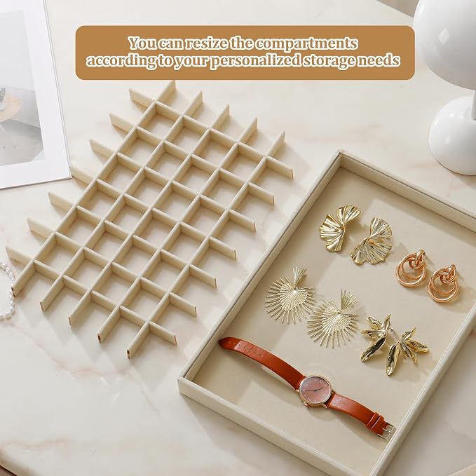 Large Stackable Jewelry Tray 4 Pack Velvet Jewelry Display Drawer Inserts Trays Organizer for Earring Bracelet Necklace Ring (Beige, 48 Grids)