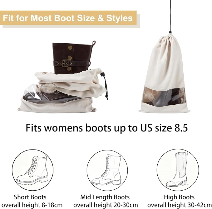 4 Pack Boot Bag, Portable Dust Proof Boot Bags for Cowboy Boots, Shoe Protector for Men Women Travel Daily Home Organizer (Beige)