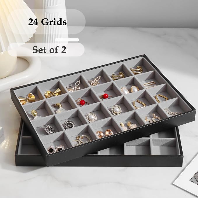 Large Jewelry Organizer Tray 2 Pack, Stackable Jewelry Storage Holder for Drawer Inserts, PU Leather Velvet Jewellery Display Case for Earring Bracelet Necklace Ring (Black Gray, 24 Grids)