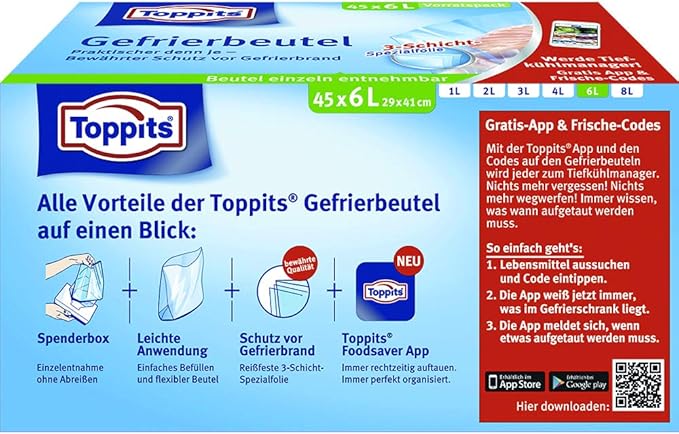 Toppits Freezer Bags Storage Pack, 6 Litres, 45 Pieces, Stand, Clear