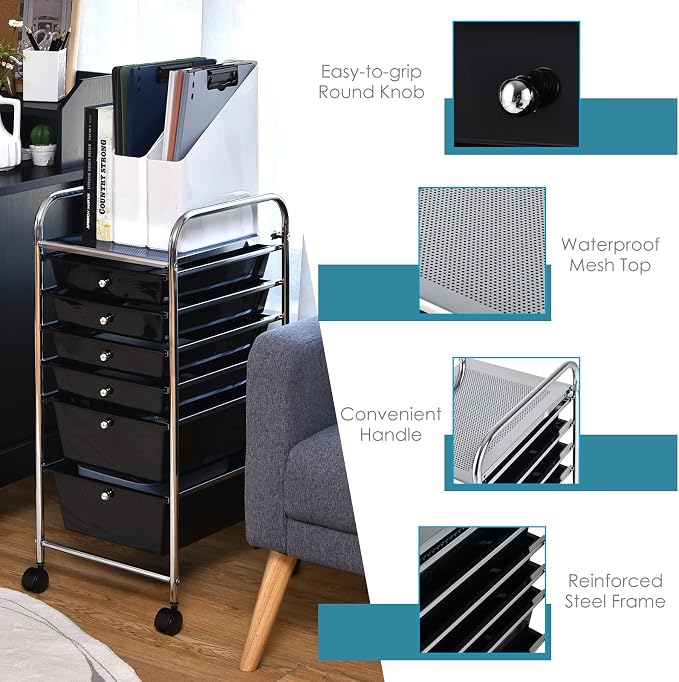 GOFLAME 6-Drawer Rolling Storage Cart, Multifunctional Art Craft Organizer, Mobile Utility Storage with Removable Drawers & Lockable Wheels, Craft Cart for Home Office, School, Black