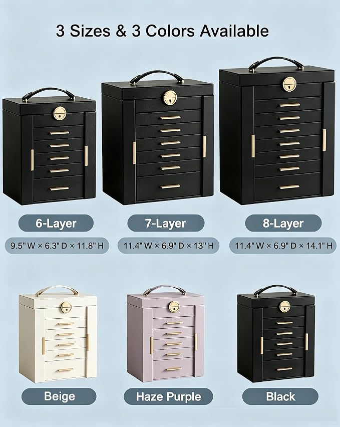 Lolalet Large Jewelry Box Organizer for Women, 7-Layer Jewelry Organizers and Storage Case with Mirror & 6 Drawers, Lockable Watch Ring Earring Bracelet Necklace Holder Girls Gift -7Layer, Black