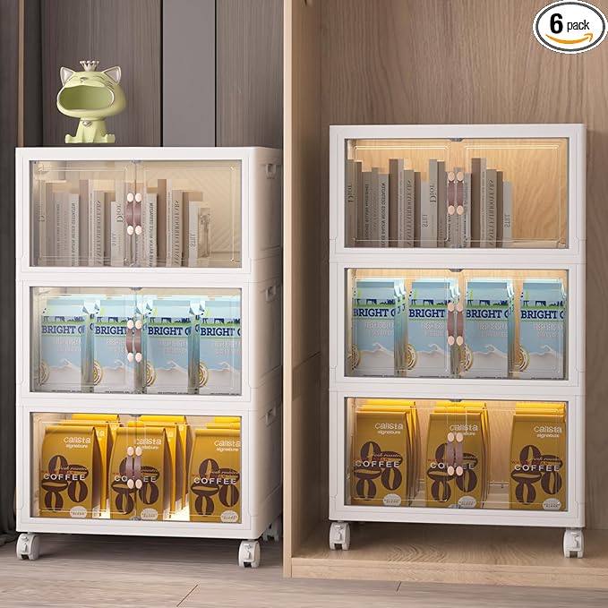 Stackable Storage Bins with Lids, Collapsible Storage Boxes, Foldable Plastic Storage Drawers for Bedroom,Office, Dorm (6, White, M)