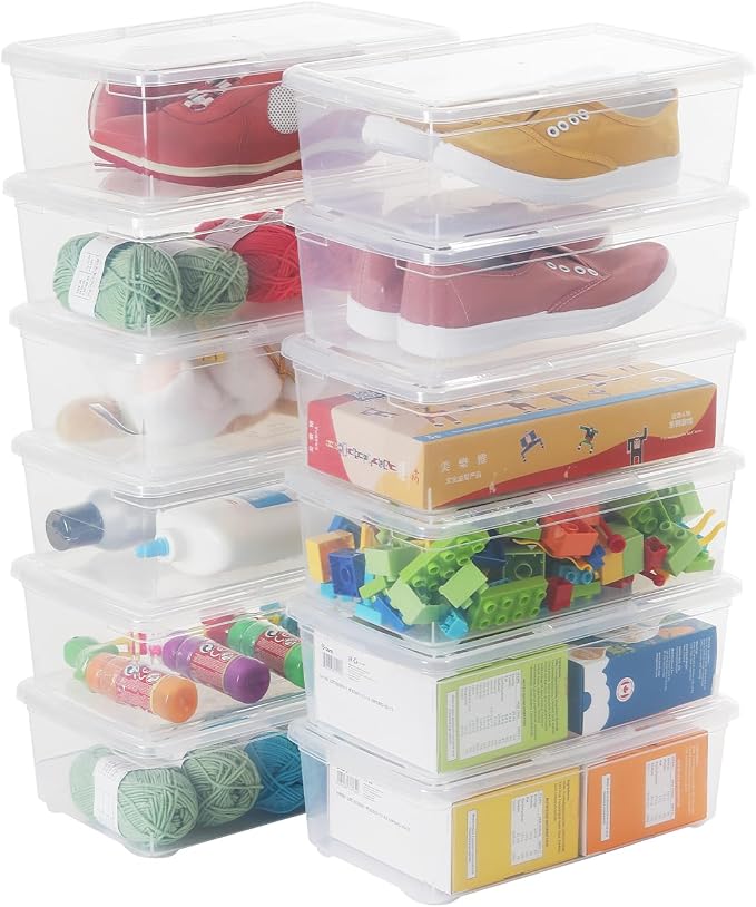 novelinks 12 Pack 6 Quart Clear Plastic Storage Bins with Lids, Shoe Boxes | Shoe Bins, Shoe Containers, Clear Shoe Storage Boxes, Shoe Boxes Clear Plastic Stackable, Craft Organizers and Storage