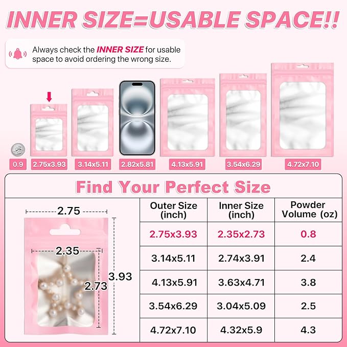 100 PCS Pink Resealable Mylar Bags with Zip and Frosted Clear Window Smell Proof Packaging Bags Foil Pouch Zip Bag for Food Self Sealing Storage Supplies 2.75×3.93