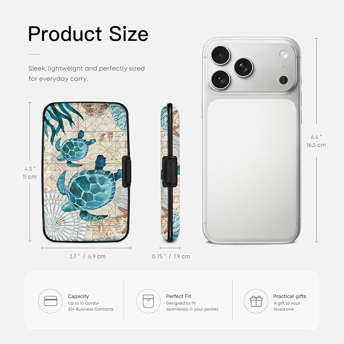 Credit Card Holder RFID Aluminum card case Sea Turtle mini Wallet Women Men | ABS Business ID Case,Hard Case Large Capacity 6 Slots, Waterproof Durable ，Secure Closure Slim Small Credit Card Protector