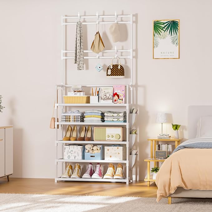 Shoe Rack 5 Tier Shoe Organizer Storage 15-20 Pairs for Closet Entrance | Stackable & Detachable Shelf with Hooks and Side Pocket Entryway Shoe Holder Space Saving Closet Organizers and Storage
